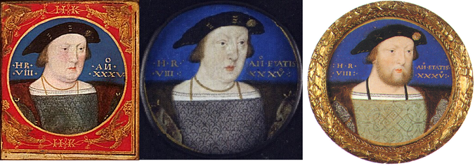 Three miniatures of Henry VIII with an inverted N - A miniature of Henry c.1526, painted by Lucas Horenbout. Fitzwilliam Museum, Cambridge (http://tudorhistory.org/henry8/gallery.html)