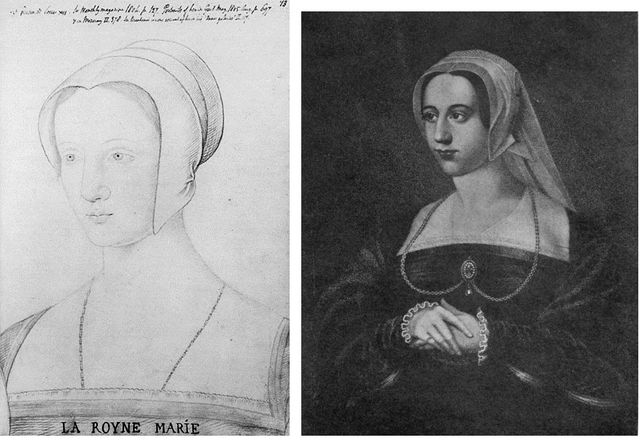 The authenticated sketch of Mary during her brief period as queen of France side by side with the purported engraving of Katherine Parr