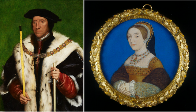 Portrait of Thomas Howard 3rd Duke of Norfolk side by side with the Windsor version of the Holbein miniature of Katherine Howard