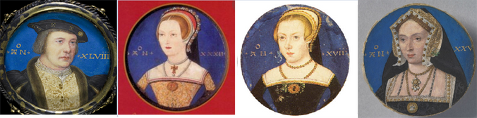 Four miniatures from the Tudor Era with precisely the same limnings. From the left suggested identifications have included – Thomas Boleyn, Katherine Parr, Amy Robsart, and Anne Boleyn.