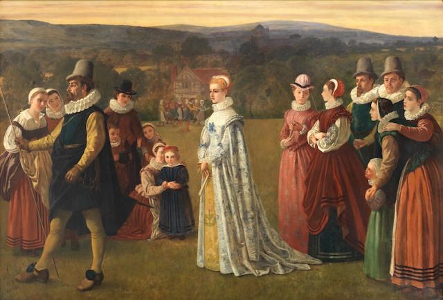 A Tudor scene of father and daughter leaving the family estate and manor house