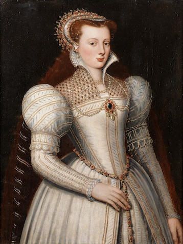 Portrait of lady, half-length, in white bejewelled dress and headress by circle of Frans Pourbus the Younger