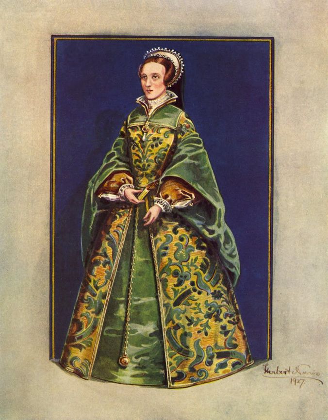Published in Herbert Norris's volume on Tudor costume in 1938. Watercolour illustration of Lady Jane Grey. Based directly on the Norris Portrait
