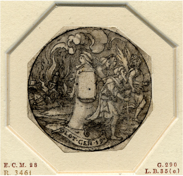 Medallion of Lot with his family, guided by an angel, fleeing from Sodom by Hans Holbein the Younger