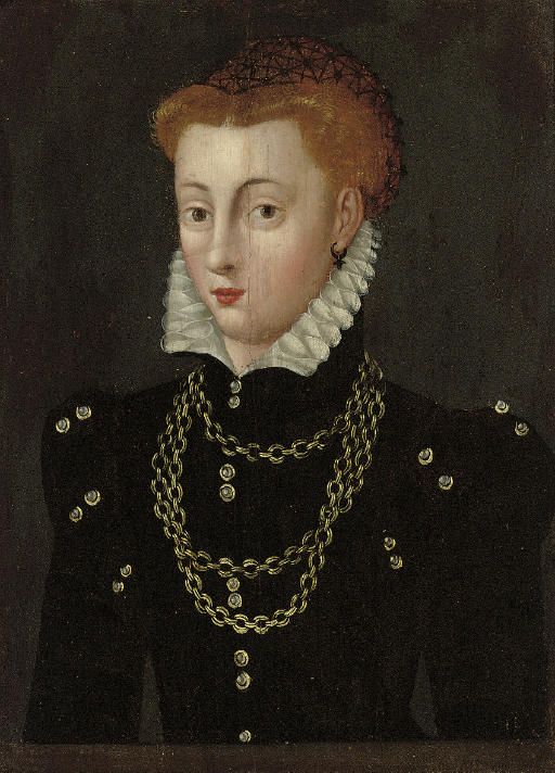 Special Notice Circle of François Clouet (Tours? c.1516-1572 Paris) Portrait of a lady, traditionally identified as Mary Queen of Scots (1542-1587), half-length, in a black dress and white ruff with a gold necklace