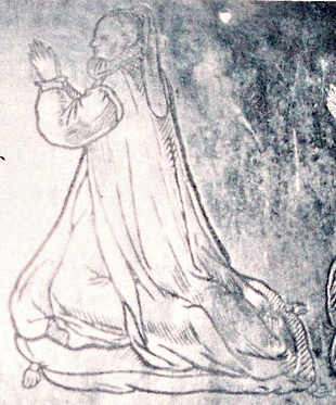 Helen Chalmoner Farnham Saunders – Detail of the funeral brass of Francis Saunders (d.1585), Helen's second husband, showing Helen, his second wife © jmc4 - Church Explorer