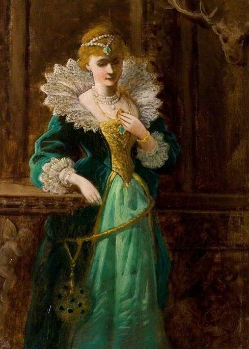 Amy Robsart, Looking at the Portrait of Leicester, coincidentally or not dressed in the colours of the Robsart coat of arms of green and yellow